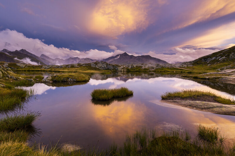 Bergsee, Schweiz, Sonnenuntergang, Natur, Fotografie, Wandbild, Spiegelung, Abendrot, Wolken, Berge, Wasser, See, Fotoworkshop