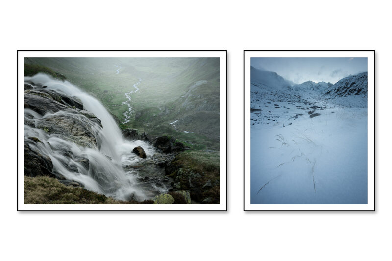 Diptychon einer alpinen Landschaft mit fliessendem Bergwasser im Sommer und einer verschneiten Berglandschaft im Winter.