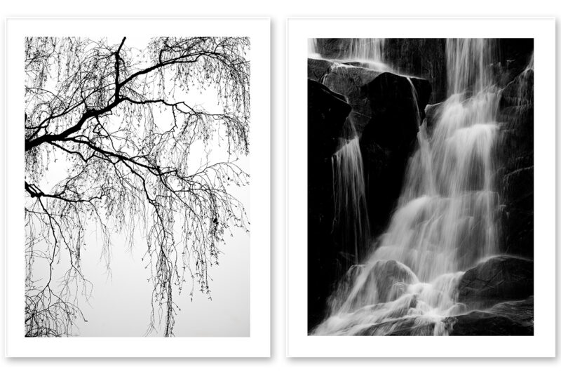 Schwarzweiss-Diptychon mit filigranen Birkenästen vor hellem Nebel und fliessendem Wasser eines Wasserfalls vor dunklen Felsen.