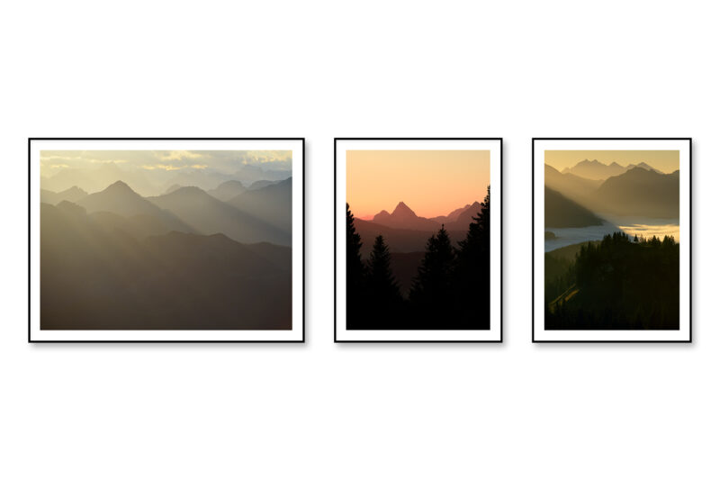 Dreiteilige Bildserie einer Berglandschaft mit gestaffelten Silhouetten, Dunst und warmem Licht in den Schweizer Alpen.