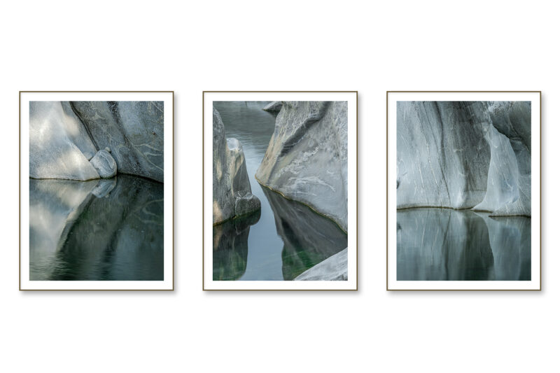 Triptychon mit vom Wasser geschliffenen Granitfelsen, ruhigen Wasserflächen und Spiegelungen in einer alpinen Flusslandschaft.
