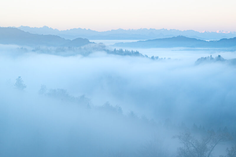 Nebel zieht an einem Wintermorgen durch die Hügellandschaft des Zürcher Oberlands, während im Hintergrund die Alpen aus dem Dunst hervortreten.