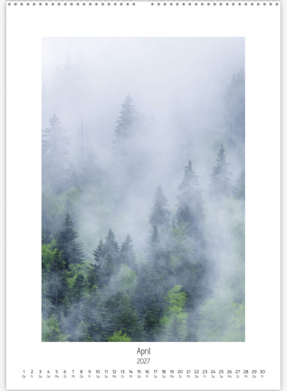 Frisch grüne bewaldete Hänge verschwinden teilweise in tief hängenden Wolken und Frühlingsregen.